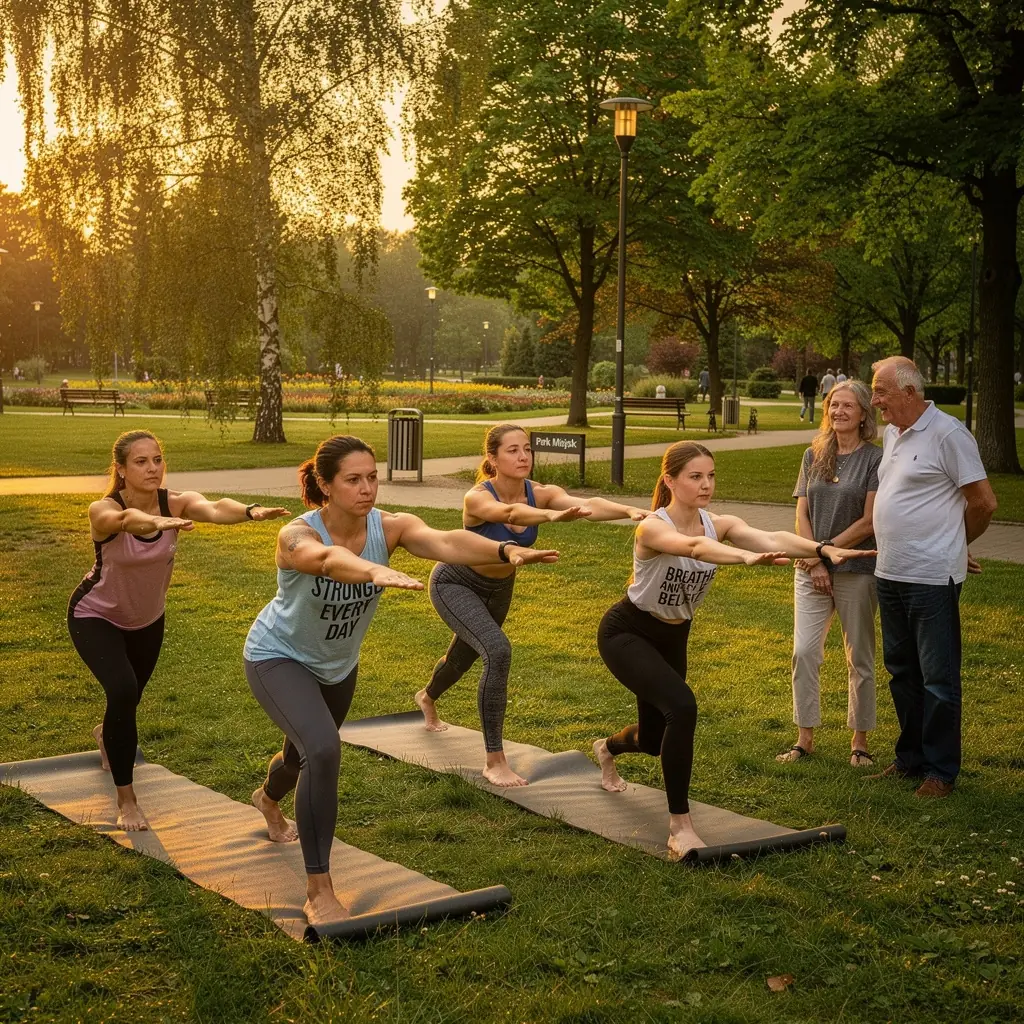 Trening jogi z długimi utrzymaniami w pozycji stojącej.