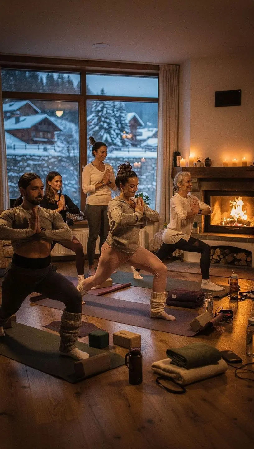 Grupa sportowców wykonujących asany jogi, koncentrujących się na technikach oddechowych podczas długich utrzymań pozycji.