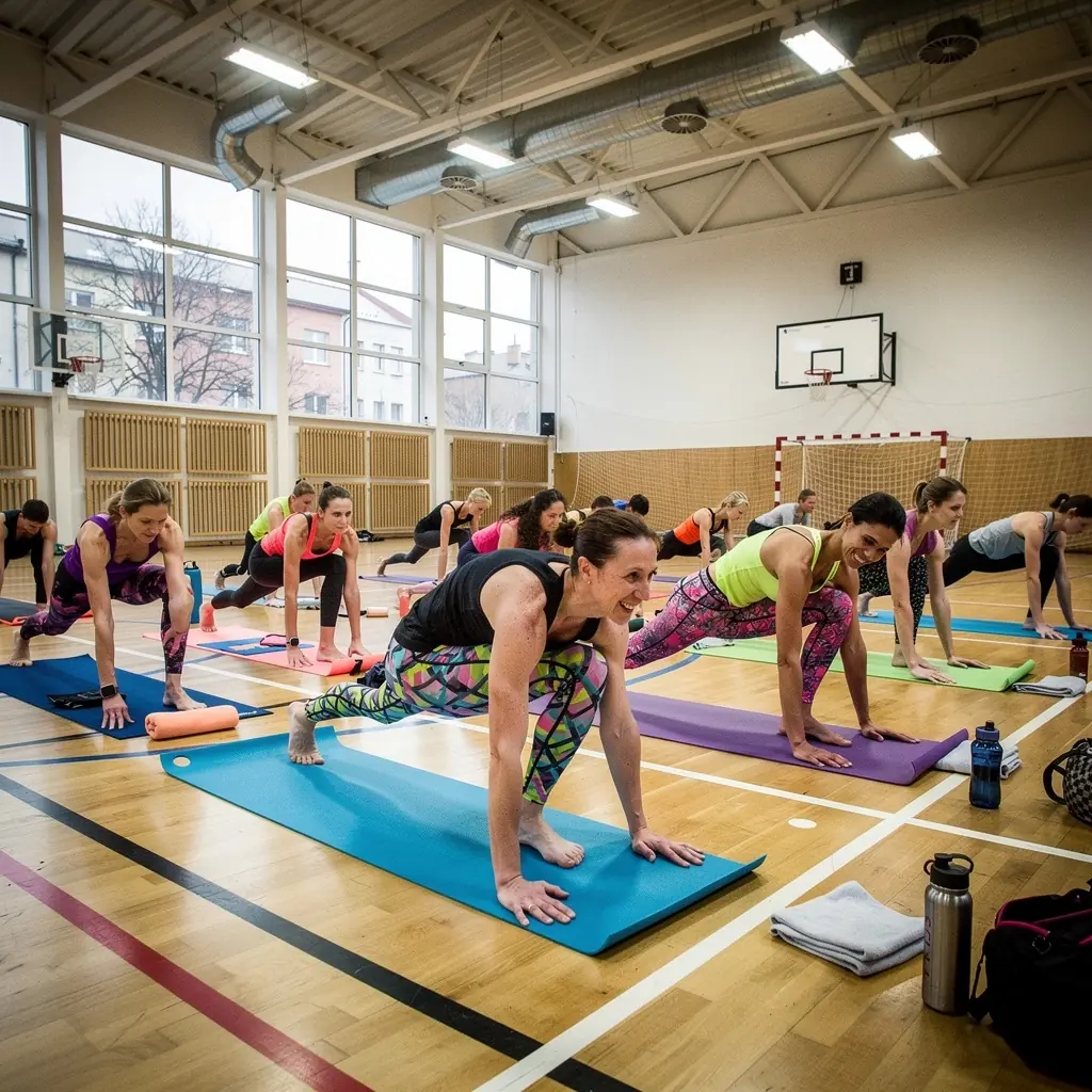 Zbliżenie na osobę w pozycji wojownika, demonstrującą kontrolę oddechu i stabilność ciała.