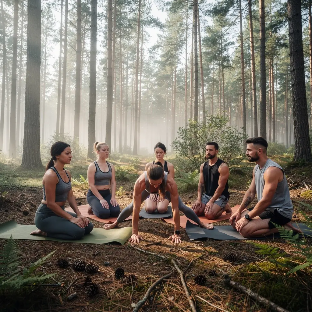 Uczestnicy zajęć jogi, relaksujący się po intensywnym treningu, otoczeni naturą w pięknym plenerze.