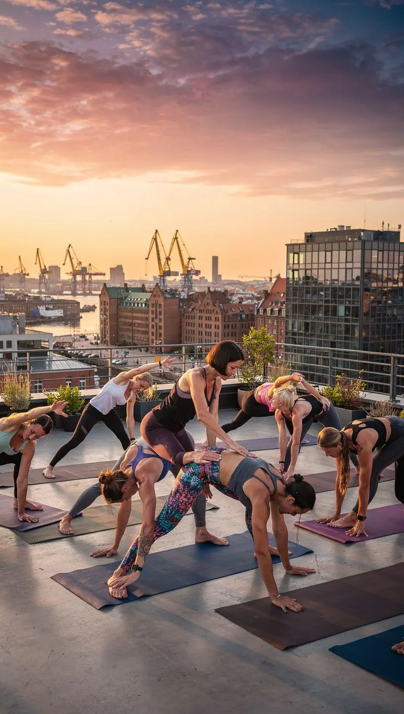 Grupa sportowców wykonujących asany jogi, koncentrujących się na technikach oddechowych podczas długich utrzymań pozycji.