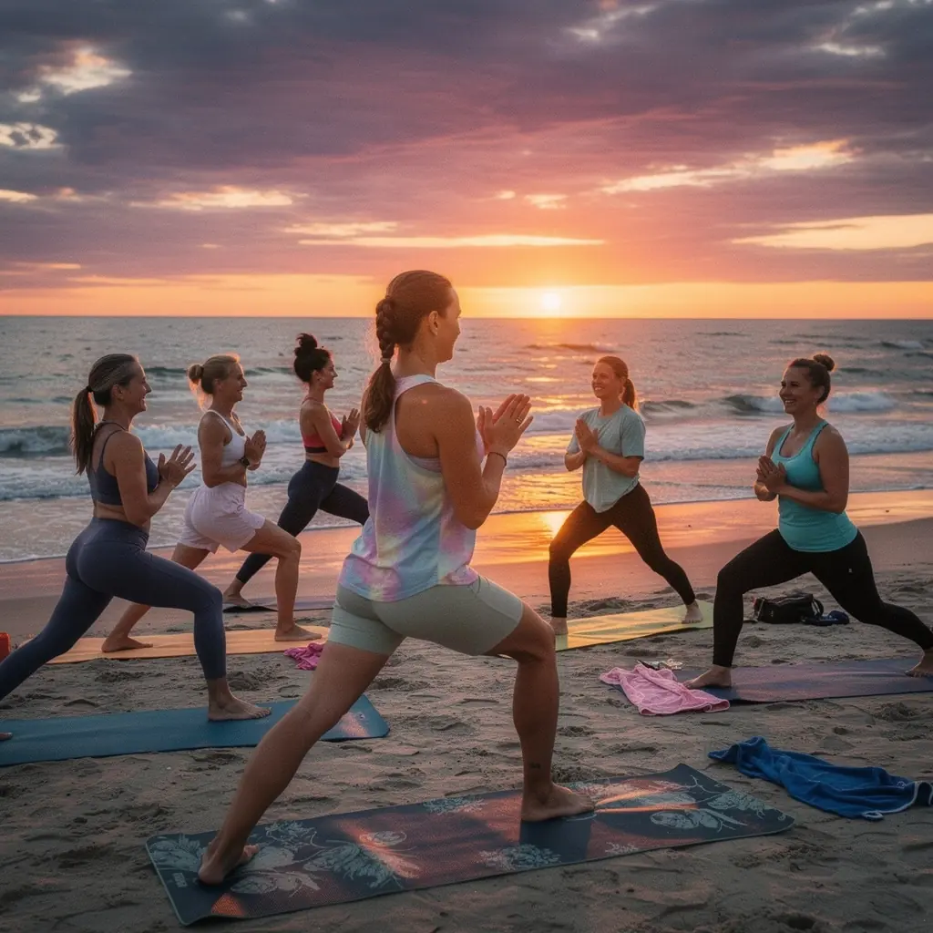 Grupa sportowców wykonujących asany jogi, koncentrujących się na technikach oddechowych podczas długich utrzymań pozycji.