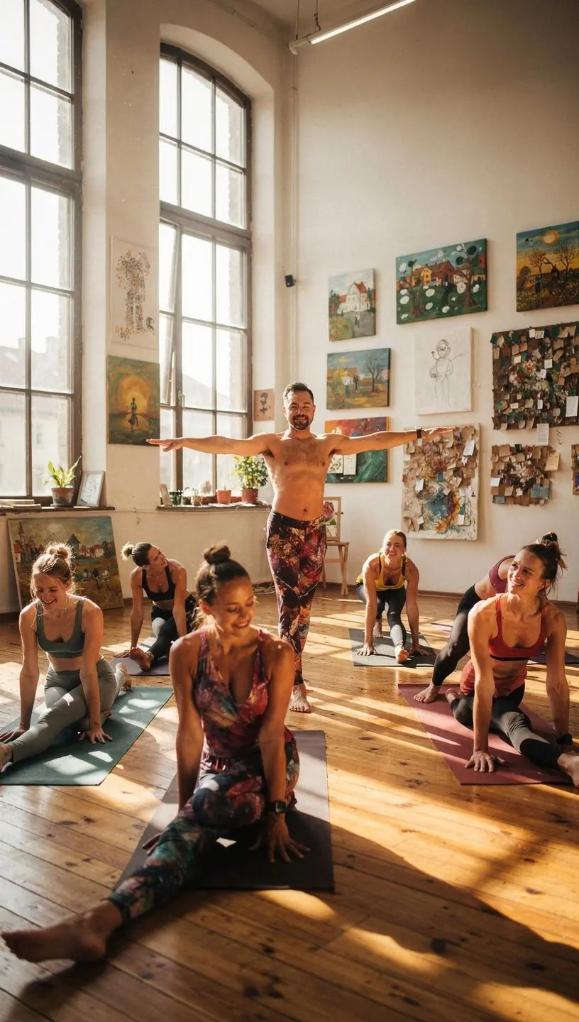 Grupa sportowców wykonujących asany jogi, koncentrujących się na technikach oddechowych podczas długich utrzymań pozycji.