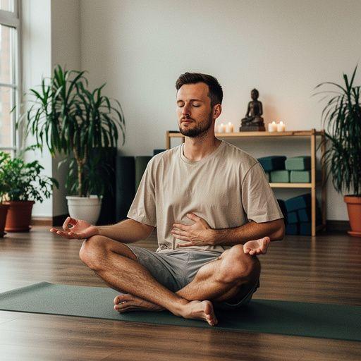 Osoba medytująca w pozycji lotosu na macie do jogi.